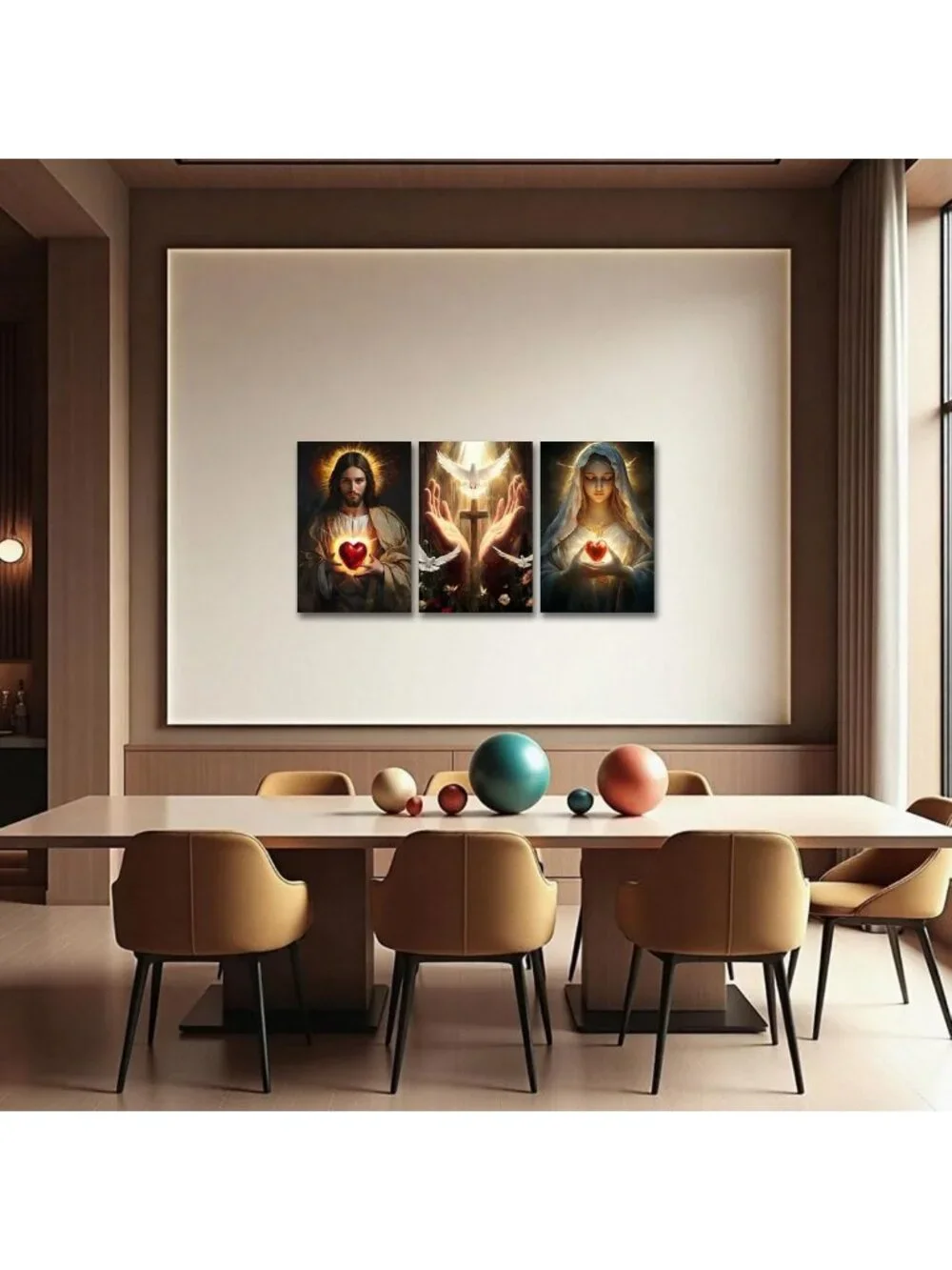 Sacred Heart Jesus & Mary Wall Art Set - 3 Canvas Prints for Christian Decor